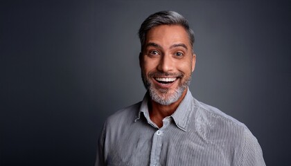 Fototapeta premium Smiling mixed race mature man on grey background