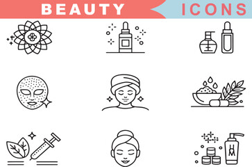 Cosmetics and Spa Icons Set in Line Style  Treatments, Skin Care, Anti-Ageing, Massage, Serum, Pore Tightening Symbols

