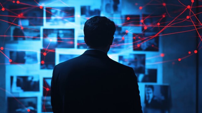 Detective silhouette studying evidence wall with crime scene photos and red string connections in dark room with dramatic blue light. Criminal investigation and mystery solving visualization