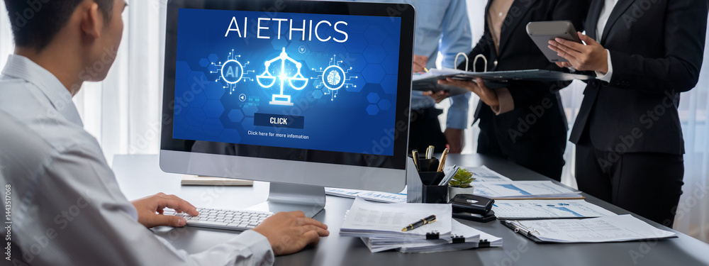 Poster ai ethics responsibility standard law and rules on computer screen provide report of ai ethic transp