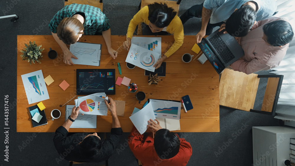 Aufkleber top down view of investor brainstorming while looking at financial statistic document. group of dive