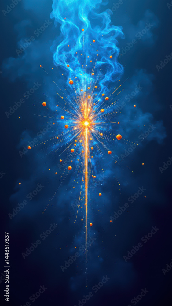 Poster a captivating display of a sparkling light source emitting vibrant blue flames and fiery sparks agai
