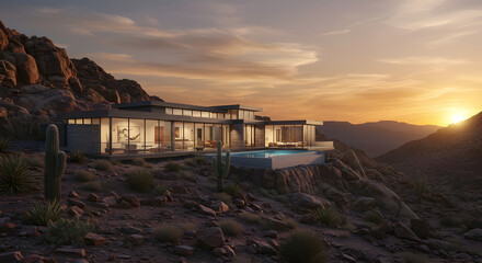 Desert Modern Architecture Home With Pool At Sunset And Mountain Views