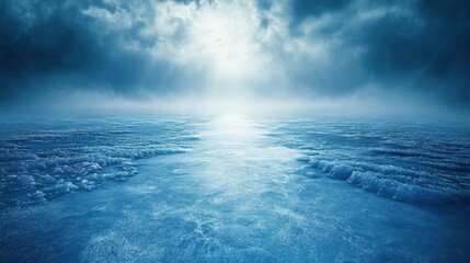 Fototapeta premium Abstract 3D Rendered Background of a Frosted Blue Ice Surface with a White Glow in the Distance and Fog in the Air