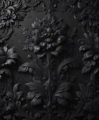 Luxurious black floral wallpaper, rich charcoal hues, ornate pattern , details, interior design wallpaper