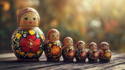 Fototapeta premium Nested wooden dolls in a row, traditional Russian folk art
