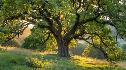 Fototapeta premium Majestic oak tree bathed in golden sunset light serene nature scene tranquil beauty