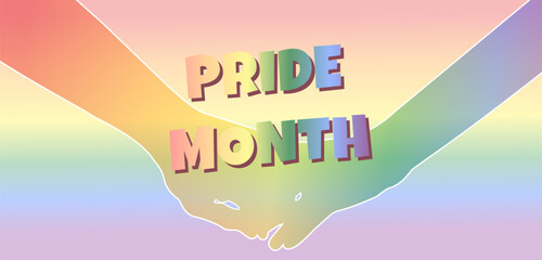 Colorful rainbow gradient background with two hands holding and Pride Month text, symbolizing love and inclusivity.