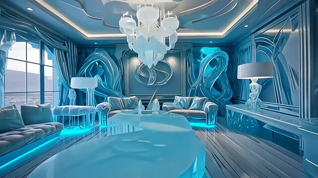 Modern Ice-Cube Style Interior with Blue Lighting Accents