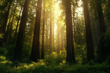 Obraz premium Sunbeams Redwood Forest with California.