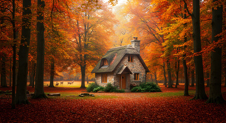 Charming Autumn Cottage Nestled Among Colorful Trees With Grazing Deer