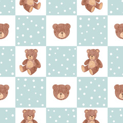 Cute little teddy bear seamless pattern. Vector checkered print for kids