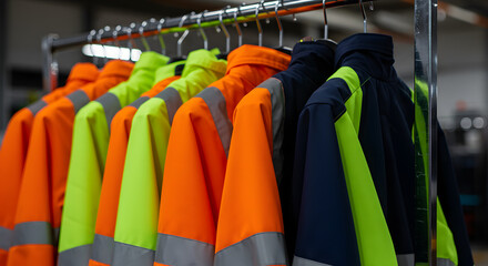 Row of High Visibility Safety Jackets in Neon Orange Yellow and Blue Reflective Workwear Hanging on a Metal Rack