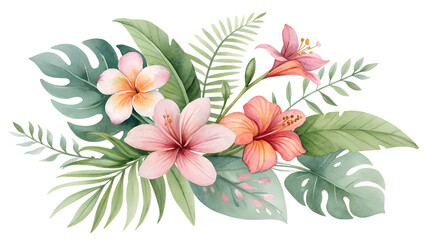 Watercolor Painting of Tropical Flowers and Lush Greenery