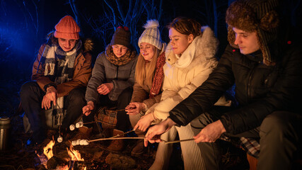 Fototapeta premium Friends sitting around a campfire in the woods on a winter evening