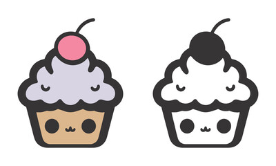 Kawaii Cartoon Cupcakes – Cute Chibi Dessert Vector in Black, White & Pink
