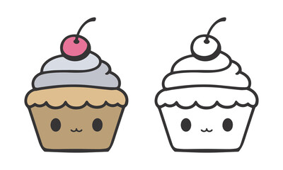 Kawaii Cupcakes – Cute Cartoon Cupcakes with Smiling Faces and Cherry Topping