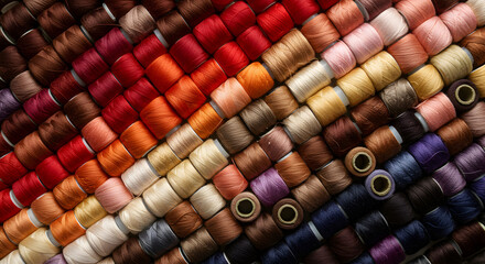 Rows of Multicolored Spools of Thread in a Diagonal Pattern from Above in a Studio with Varied Colors