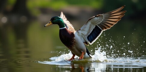 Powerful drake mallard, wings extended, descending for landing , bird in flight, feather, drake