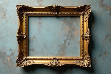 Empty ornate gold frame on weathered concrete , grey, shadow