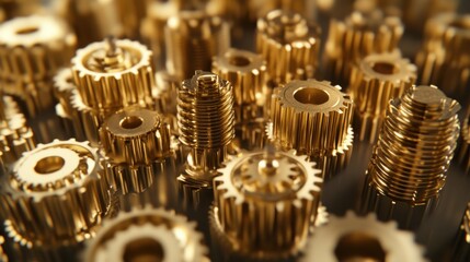 A close up of a large number of gears, some of which are gold