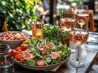 Delicious grilled steak served with fresh salad, roasted vegetables, and wine on a rustic outdoor dining table in a scenic garden. Perfect summer meal and festive celebration atmosphere.