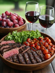 Delicious grilled steak served with fresh salad, roasted vegetables, and wine on a rustic outdoor dining table in a scenic garden. Perfect summer meal and festive celebration atmosphere.