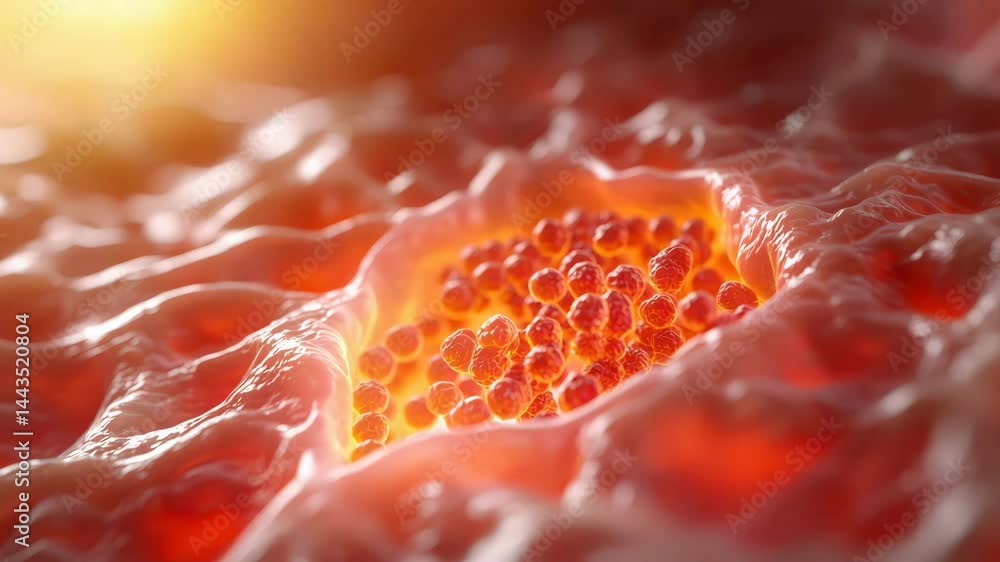 Poster a close-up view of cellular structures, highlighting colorful particles within a textured, organic b