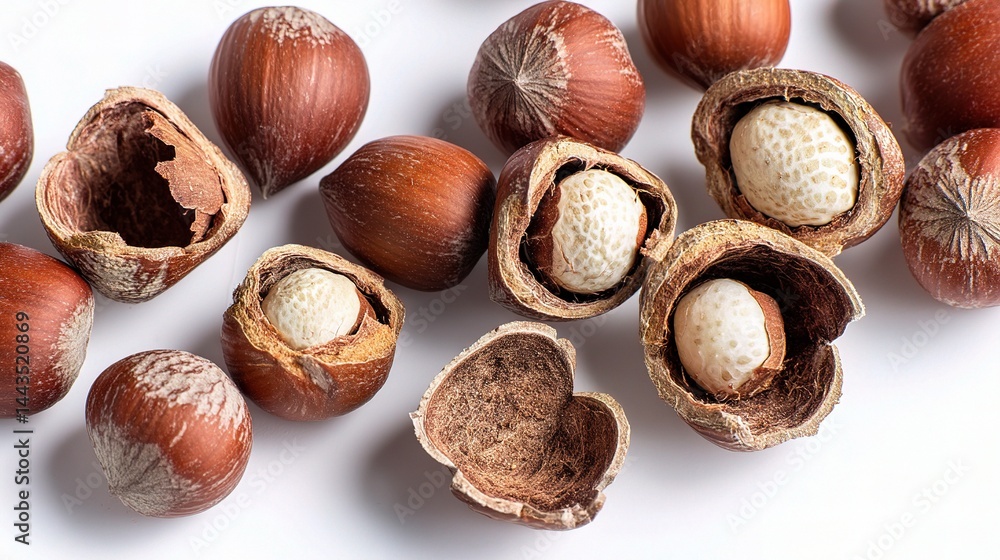 Poster fresh nuts in shell with white kernels on bright background