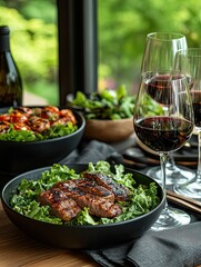 Delicious grilled steak served with fresh salad, roasted vegetables, and wine on a rustic outdoor dining table in a scenic garden. Perfect summer meal and festive celebration atmosphere.