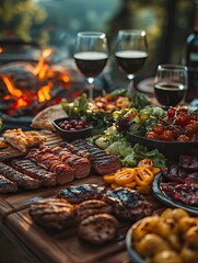 Delicious grilled steak served with fresh salad, roasted vegetables, and wine on a rustic outdoor dining table in a scenic garden. Perfect summer meal and festive celebration atmosphere.