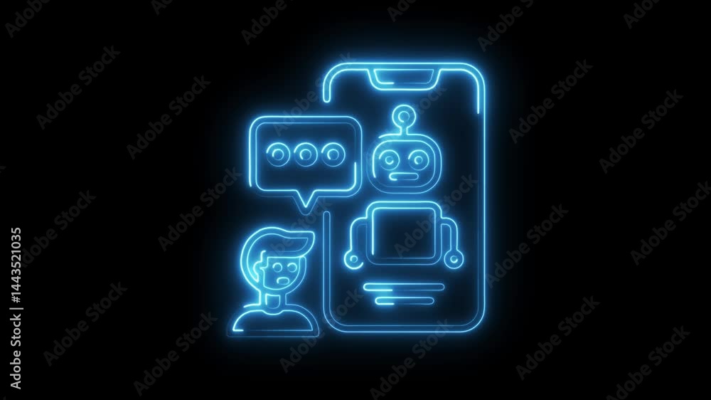 Aufkleber glowing neon style chatbot interaction with human on smartphone interface animation