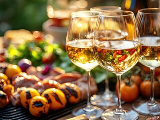 Delicious grilled steak served with fresh salad, roasted vegetables, and wine on a rustic outdoor dining table in a scenic garden. Perfect summer meal and festive celebration atmosphere.