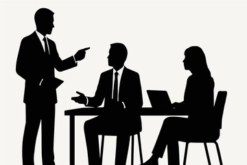 Obraz premium Silhouettes of three business people in meeting with one standing and two seated 