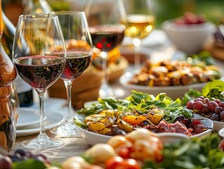 Delicious grilled steak served with fresh salad, roasted vegetables, and wine on a rustic outdoor dining table in a scenic garden. Perfect summer meal and festive celebration atmosphere.