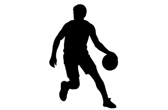 Silhouette of male basketball player dribbling ball in dynamic pose on white background

