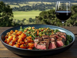 Delicious grilled steak served with fresh salad, roasted vegetables, and wine on a rustic outdoor dining table in a scenic garden. Perfect summer meal and festive celebration atmosphere.