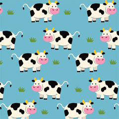 Naklejka premium Cute hand drawing cow seamless pattern with grass on blue background. flat vector illustration. farm animals. for fabric, textile, wrapper, print.