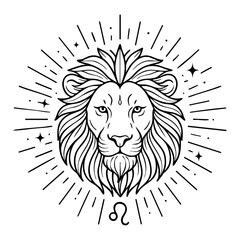 Leo Zodiac Lion Head with Radiating Lines and Stars – Mystical Astrology Line Art