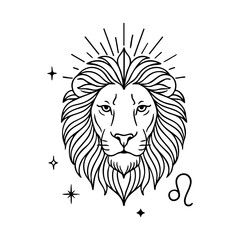 Leo Zodiac Lion Head with Radiant Mane and Stars – Mystical Line Art