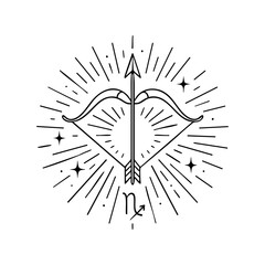 Sagittarius Zodiac Symbol with Bow, Arrow, and Celestial Rays – Mystical Line Art
