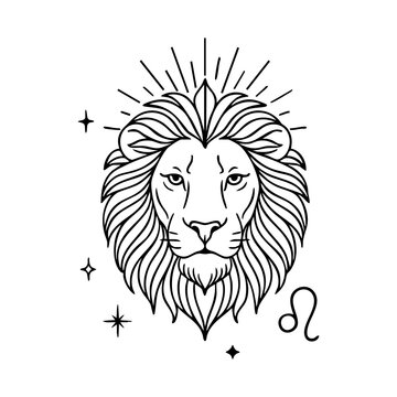 Leo Zodiac Lion Head with Radiant Mane and Stars &ndash; Mystical Line Art