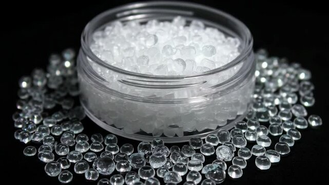 Close-up view of a clear plastic container full of silica gel beads and several scattered on a dark surface, product photography