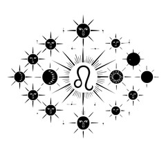 Leo Zodiac Symbol with Decorative Sun Faces – Celestial Astrology Illustration
