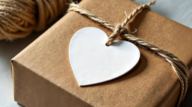 Close-up of a heart-shaped tag tied to a gift box wrapped in brown kraft paper, natural twine bow, cozy and rustic packaging concept