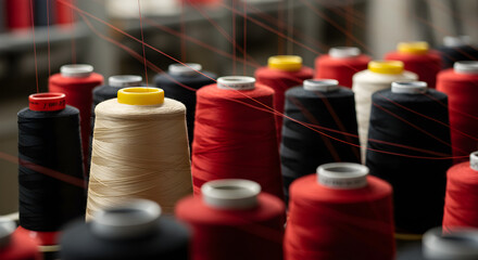 Spools of Colorful Threads Arranged in a Textile Factory in Soft Lighting