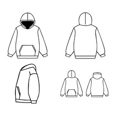 Unisex Hoodie Technical Flat Sketch – Front, Back, and Side View