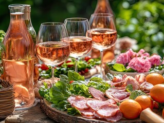 Delicious grilled steak served with fresh salad, roasted vegetables, and wine on a rustic outdoor dining table in a scenic garden. Perfect summer meal and festive celebration atmosphere.