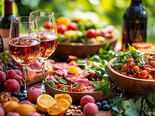 Delicious grilled steak served with fresh salad, roasted vegetables, and wine on a rustic outdoor dining table in a scenic garden. Perfect summer meal and festive celebration atmosphere.