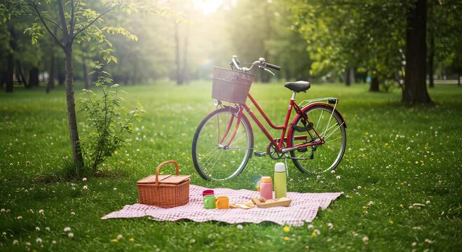 bike in the park with pick nick on a sunny day